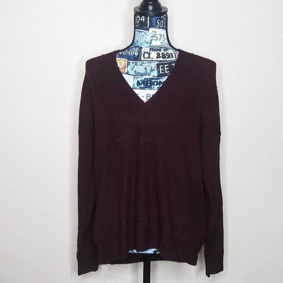 TOPSHOP Slouchy Ribbed V-Neck Sweater Maroon / Burgundy Cozy Oversized Sz XS NWT - Picture 2 of 10